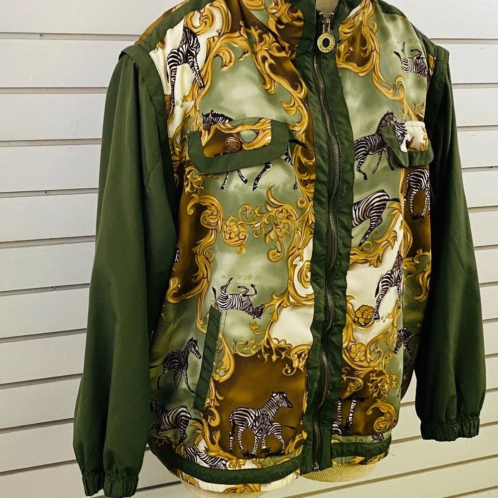 Vintage Womens L‎ Mureli Windbreaker Jacket Zebra Green Zip Off Sleeves Vest